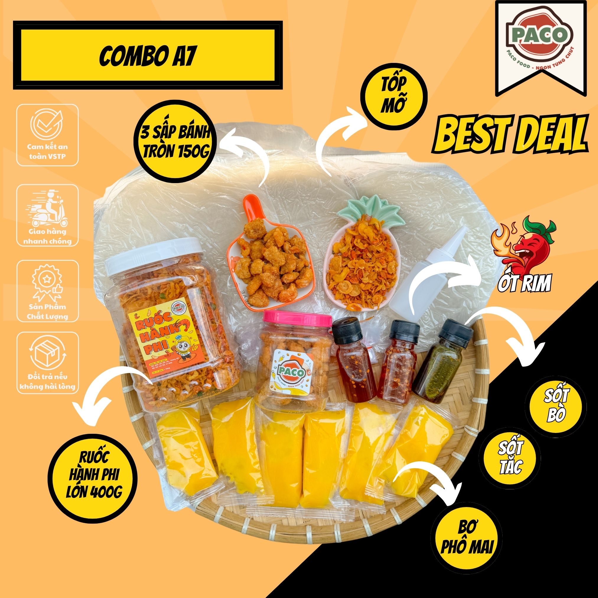 [COMBO A7] BÁNH TRÁNG PHƠI SƯƠNG HỦ RUỐC TO 400g PACO FOOD KÈM 3 SẤP BÁNH TRÁNG TỐP MỠ VÀ BƠ PHÔ MAI KÈM 3 SỐT
