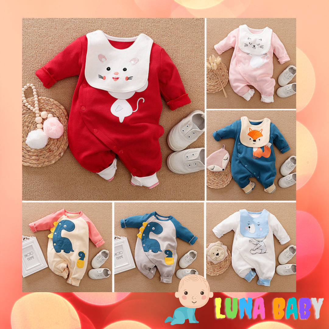Quần áo trẻ em bộ body dài tay kèm yếm cho bé trai bé gái 0 đến 12 tháng tuổi
