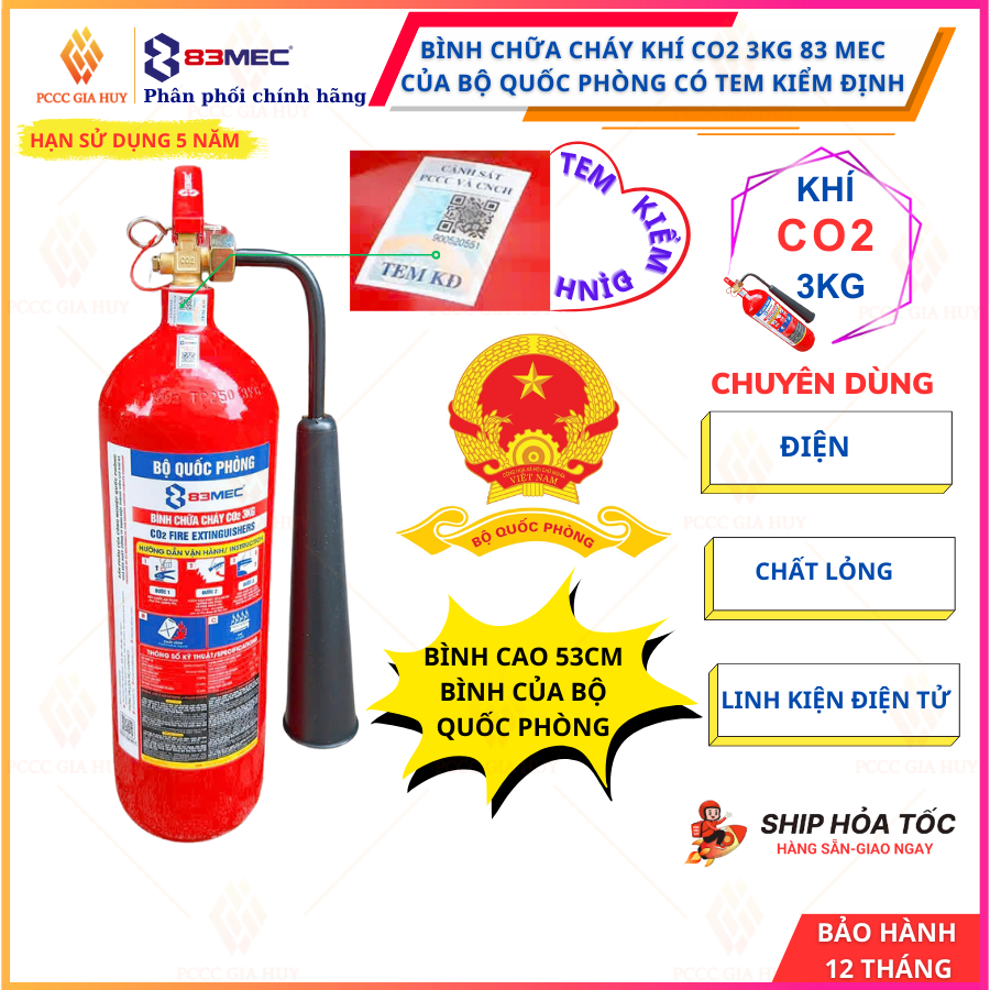 Bình chữa cháy khí CO2 3kg 83MEC của BỘ QUỐC PHÒNG có tem kiểm định-Chuyên điện