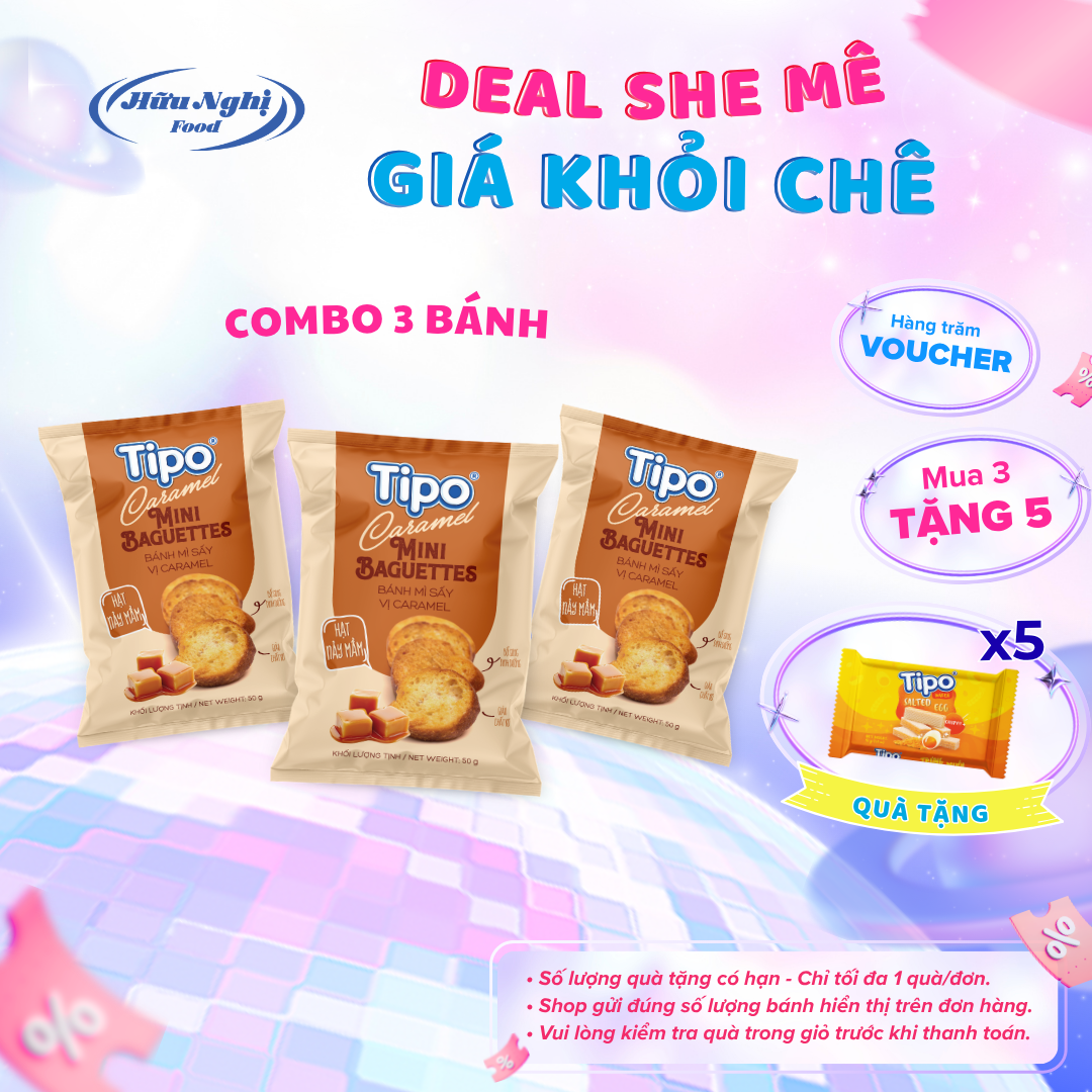 COMBO 3 Bánh mì sấy Caramel Tipo 50g Hữu Nghị dinh dưỡng, ngon giòn, ăn vặt tiệnlợi