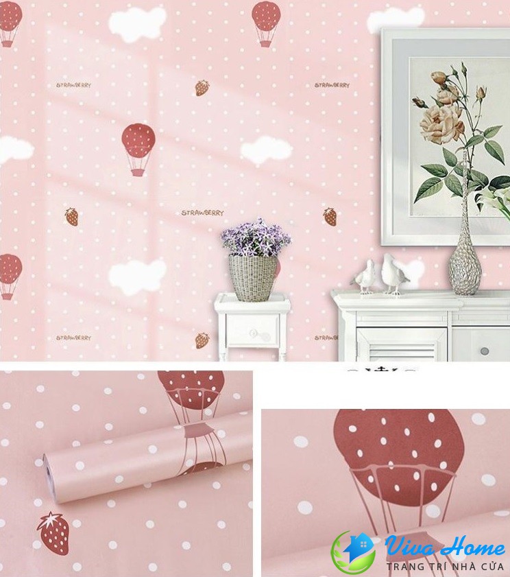 10m GIẤY DÁN TƯỜNG DÂU TÂY HỒNG - CÓ SẴN KEO, KHỔ 45cm - GIẤY DÁN TƯỜNG PHÒNG KHÁCH, PHÒNG NGỦ