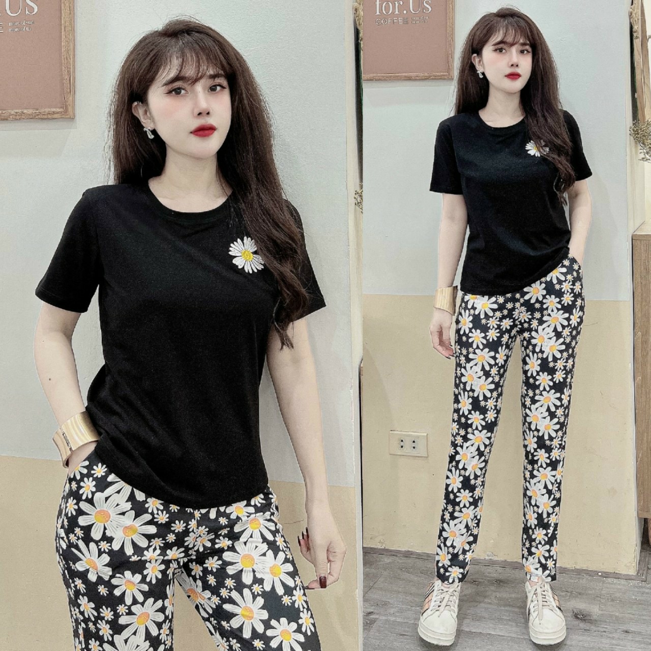 Đồ bộ dài thun cotton họa tiết hoa cúc