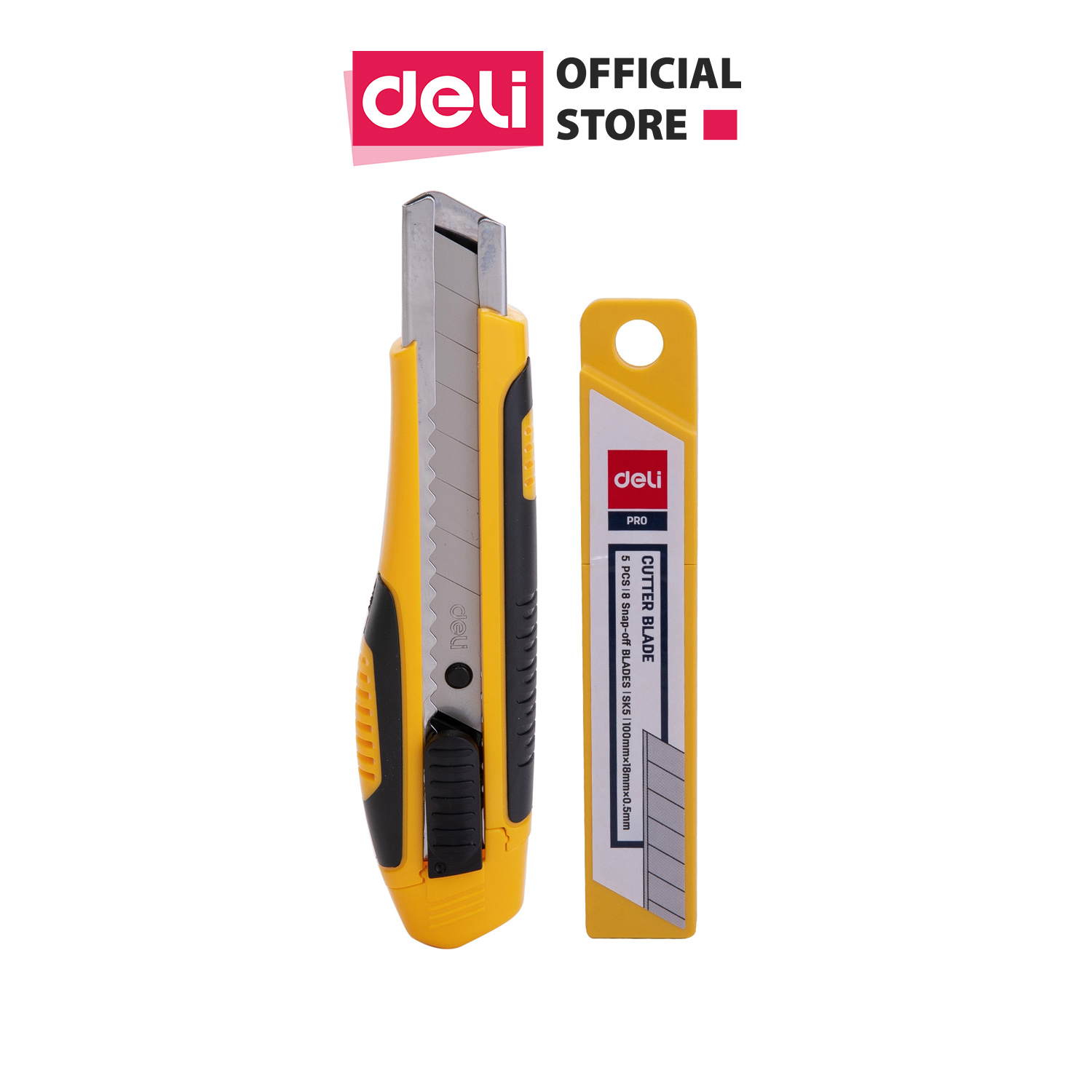 Dao rọc giấy Deli, cao su mềm kèm hộp lưỡi dao, loại 8 lưỡi tách rời, vàng - 1 cái - E2068