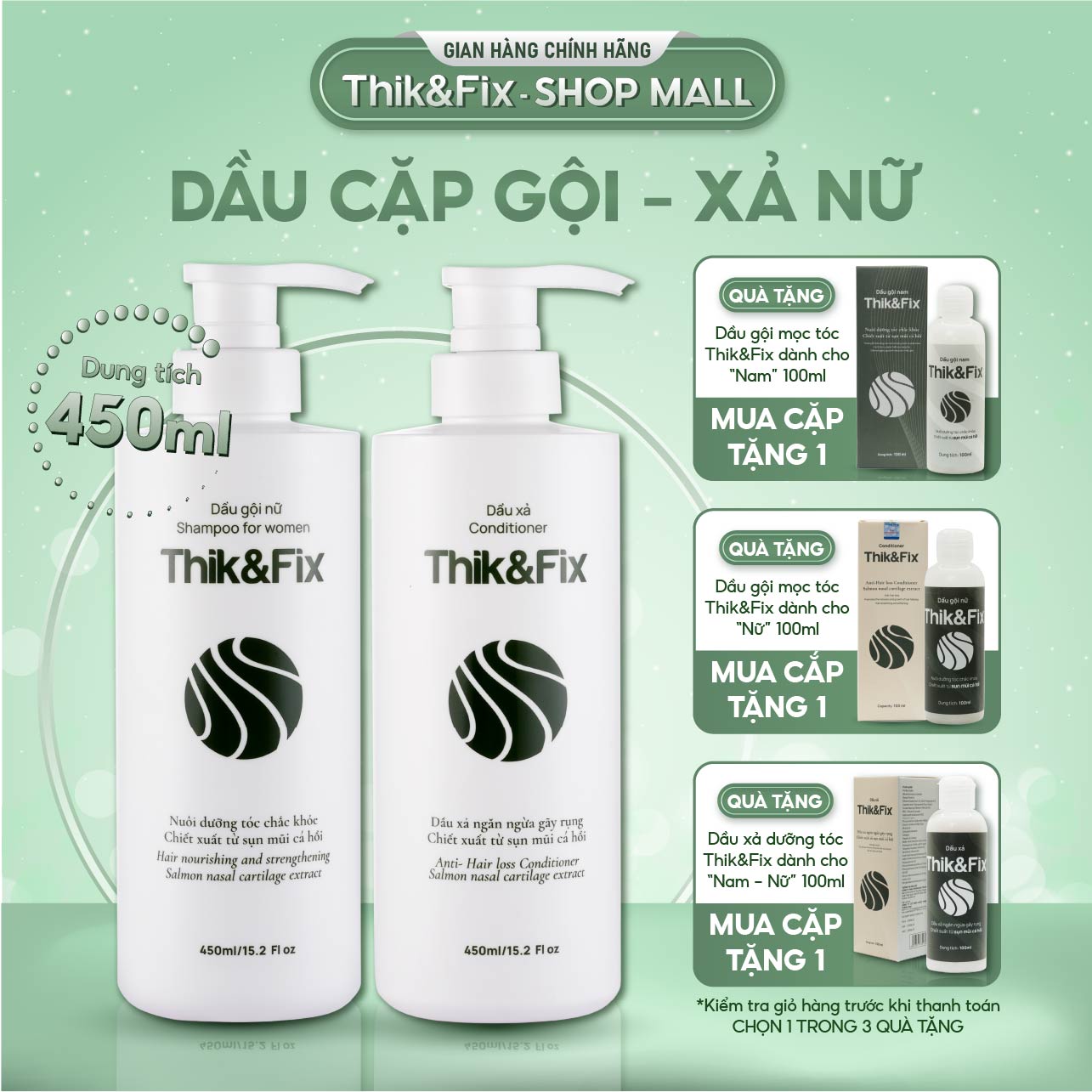 Cặp dầu gội và dầu xả kích thích mọc tóc cho Nữ Thik&Fix