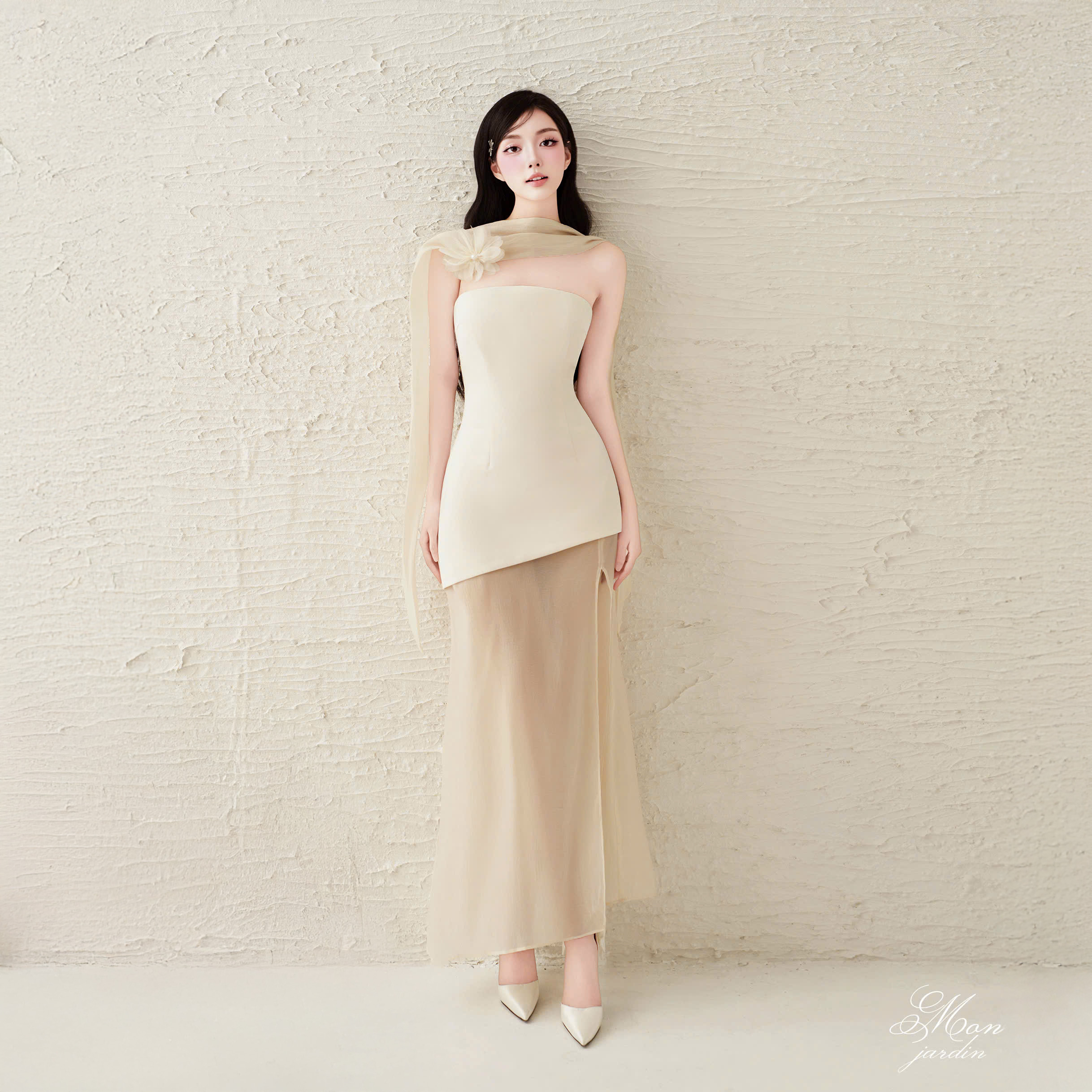 Dari Dress | Váy nữ cup ngực text chun hàn phối voan tơ H.I.U Fashion | đầm xẻ dáng dài sang trọng cao cấp HIU design