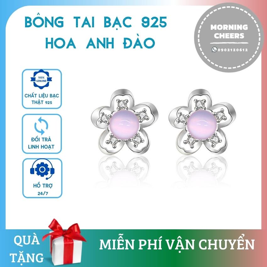 [Freeship + Quà 20k] Bông tai nữ Bạc Ý 925 cao cấp phiên bản Hoa Anh Đào mặt đá Moonstone Phong cách Nhật Bản tặng hộp đựng trang sức siêu cute và khăn lau trang sức, Morning Cheers Shop
