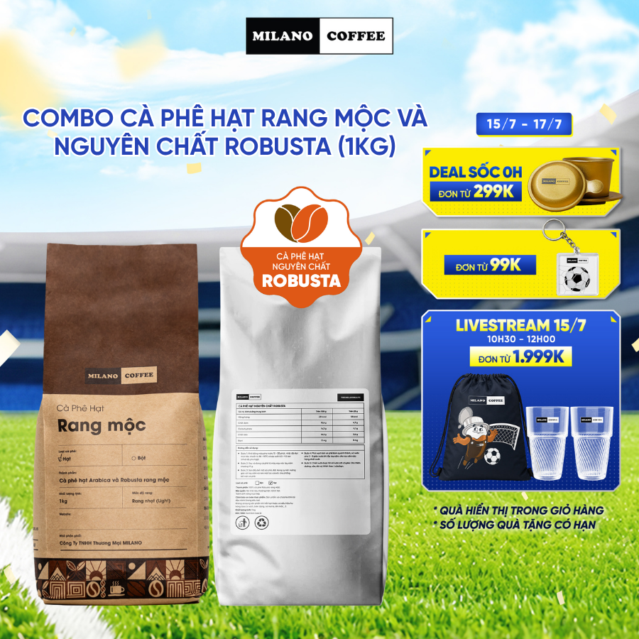 Combo cà phê hạt pha máy Milano Coffee - Cà phê hạt rang mộc và cà phê hạt nguyên chất Robusta (1kg)