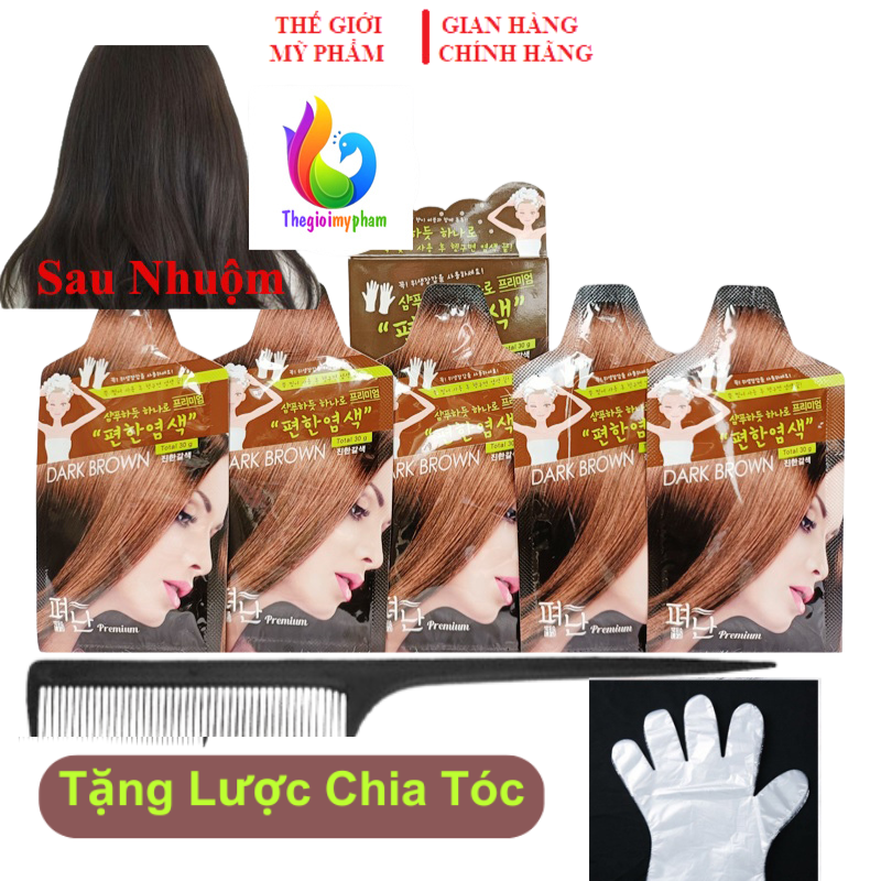 [Tặng Lược]Hộp 5 Gói Nhuộm Phủ Bạc Thảo Dược Hàn Quốc Pyeonan Màu Nâu Sẫm(Dark Brown)