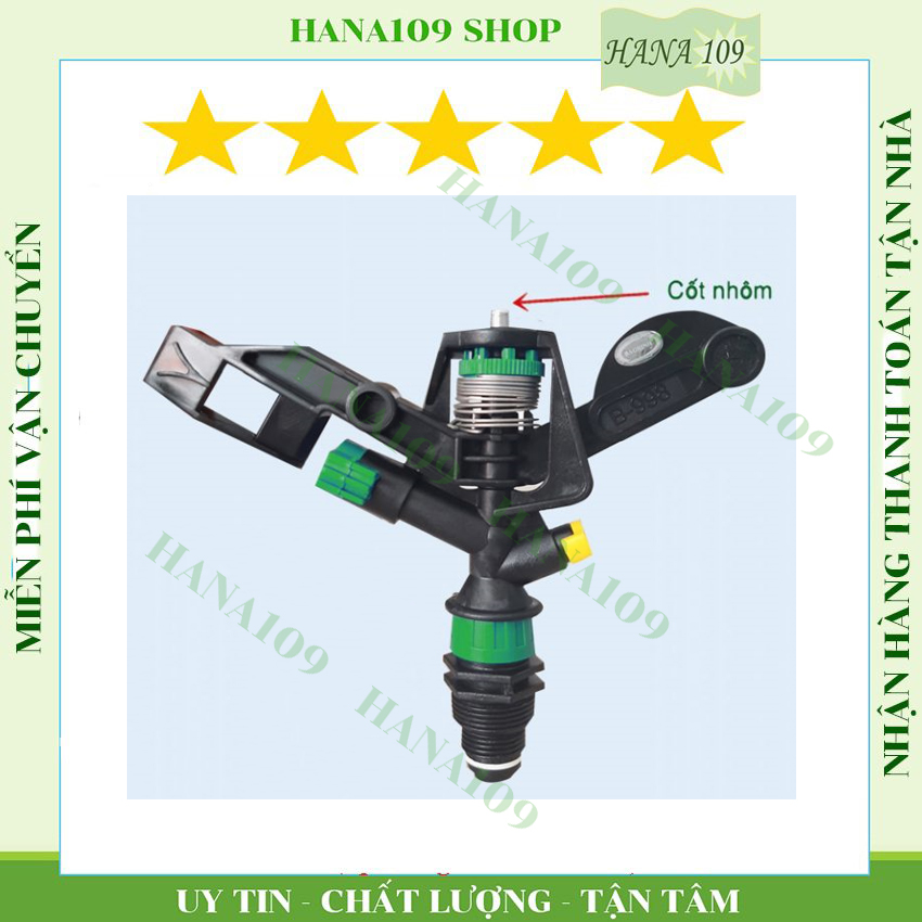 Béc phun cánh đập trung 2 tia ren ngoài 21  27 mm cốt nhôm phun mưa quay 360 độ chuyên tưới cây ăn quả, cỏ trồng, cà phê cây lâu năm