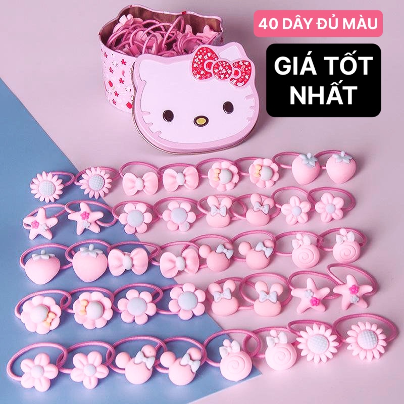 HỘP 40 DÂY CỘT TÓC NHIỀU MÀU HÌNH MÈO KITTY SIÊU XINH CHO BÉ GÁI - DÂY THUN MỀM MẠI CO GIÃN TỐT, LÀ MÓN QUÀ CỰC DỄ THƯƠNG CHO BÉ