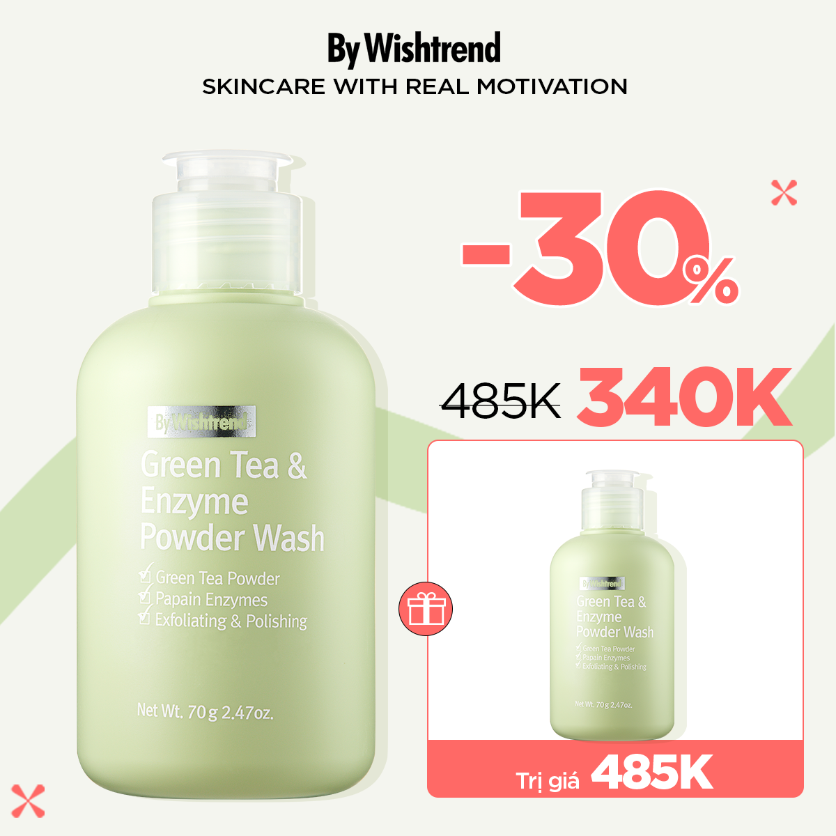 Bột rửa mặt trà xanh BY WISHTREND GREEN TEA & ENZYME POWDER WASH 70G