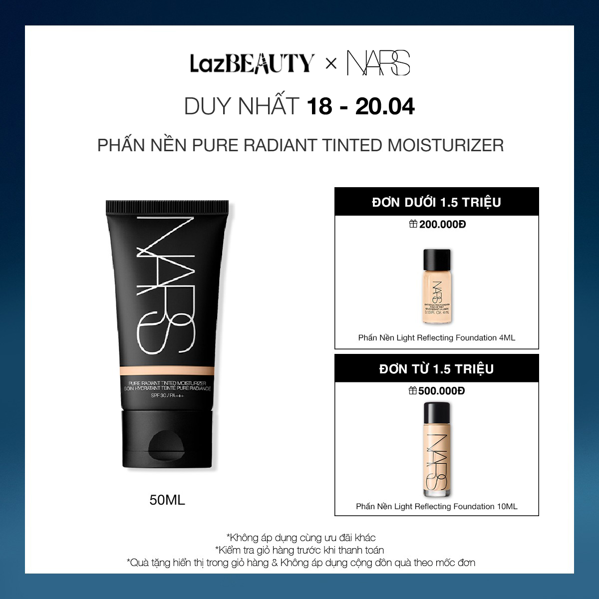 [18-20.04 | QUÀ TẶNG ĐẾN 500K] Phấn nền dạng kem NARS Pure Radiant Tinted Moisturizer SPF 30/PA+++ 50ml