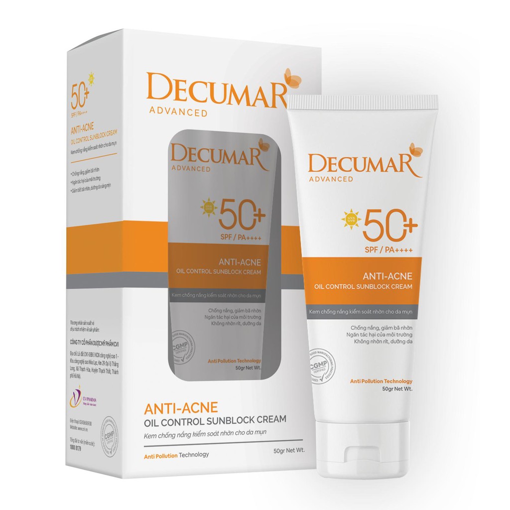 Kem Chống Nắng kiềm dầu nâng tone chuyên biệt cho da mụn Decumar Advanced Sunblock SPF50
