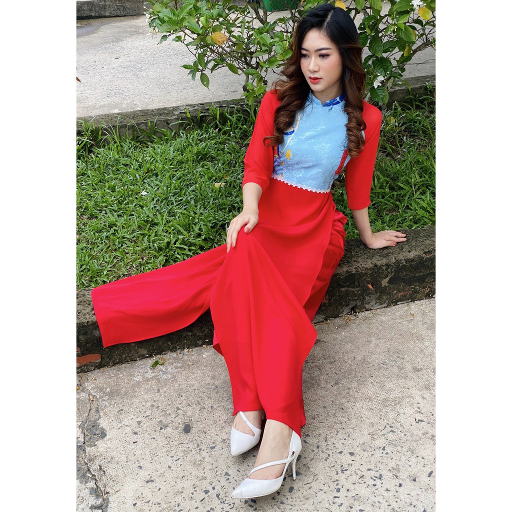 Áo dài truyền thống gấm tết đoàn viên tay đỏ, sản phẩm tốt với chất lượng, độ bền cao và được cam kết sản phẩm y như hình