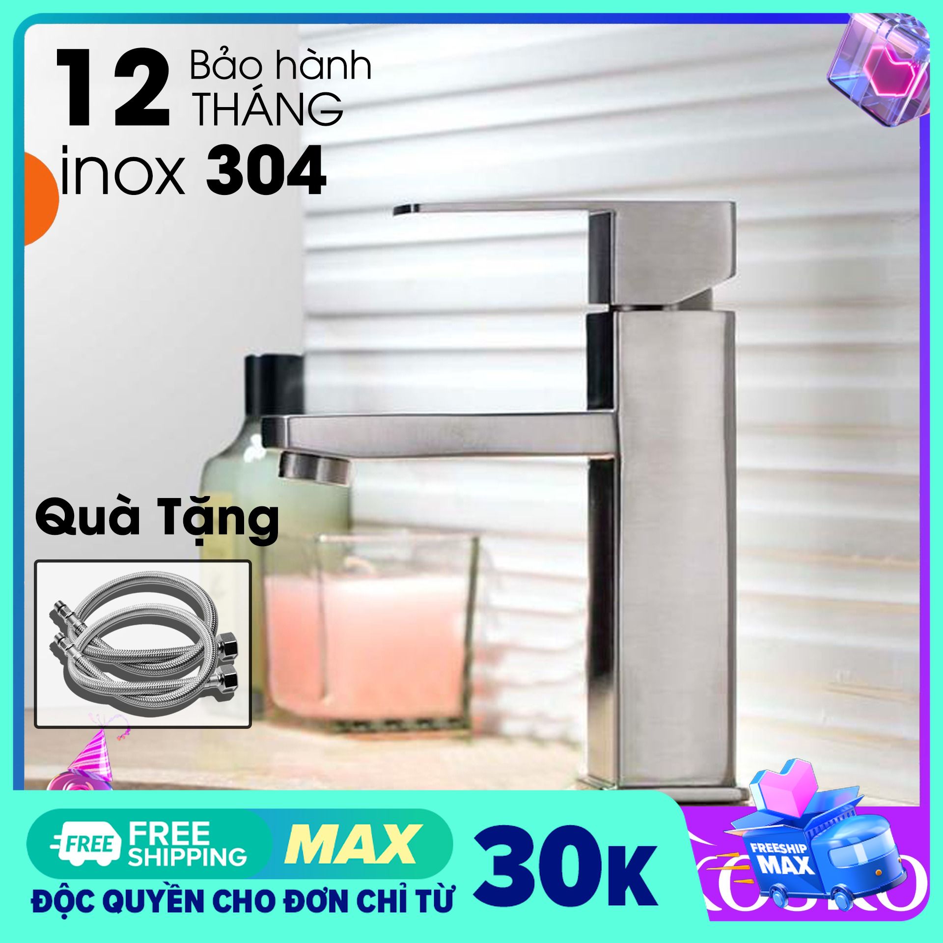 Vòi lavabo nóng lạnh inox SUS 304 vuông cao 20cm (Hàng chuẩn loại 1) (Tặng dây cấp) phù hợp với mọi loại chậu rửa mặt 1 Lỗ, Vòi rửa mặt 1 lỗ, vòi chậu thường – chậu dương vành – chậu âm bàn (Bảo hành 12 tháng - 1 đổi 1 trong vòng 7 ngày)