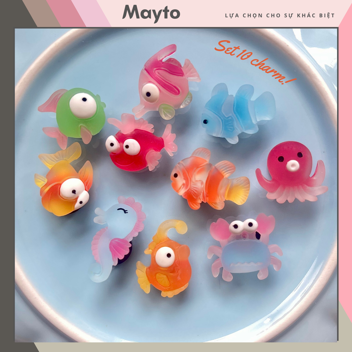 Set 10 Jibbitz, Sticker, Charm 3D chủ đề Cá trong suốt 10 DIY Mayto gắn Cross, Dép Sục, Cá Sấu JB-92