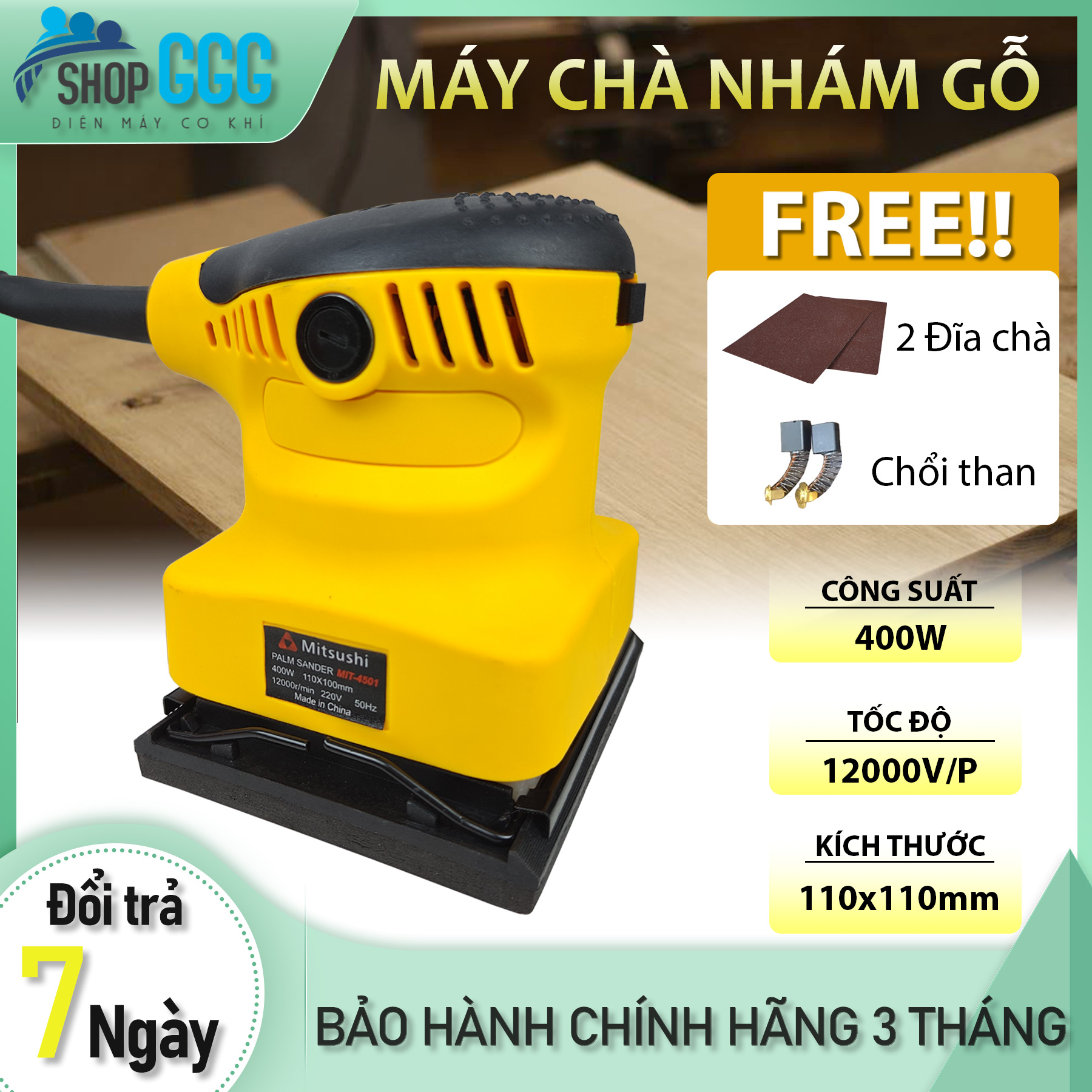 Máy chà nhám gỗ Mitsushi công suất lớn 350w, tốc độ 12000v/p - Máy chà nhám vuông cỡ đĩa 100x110mm