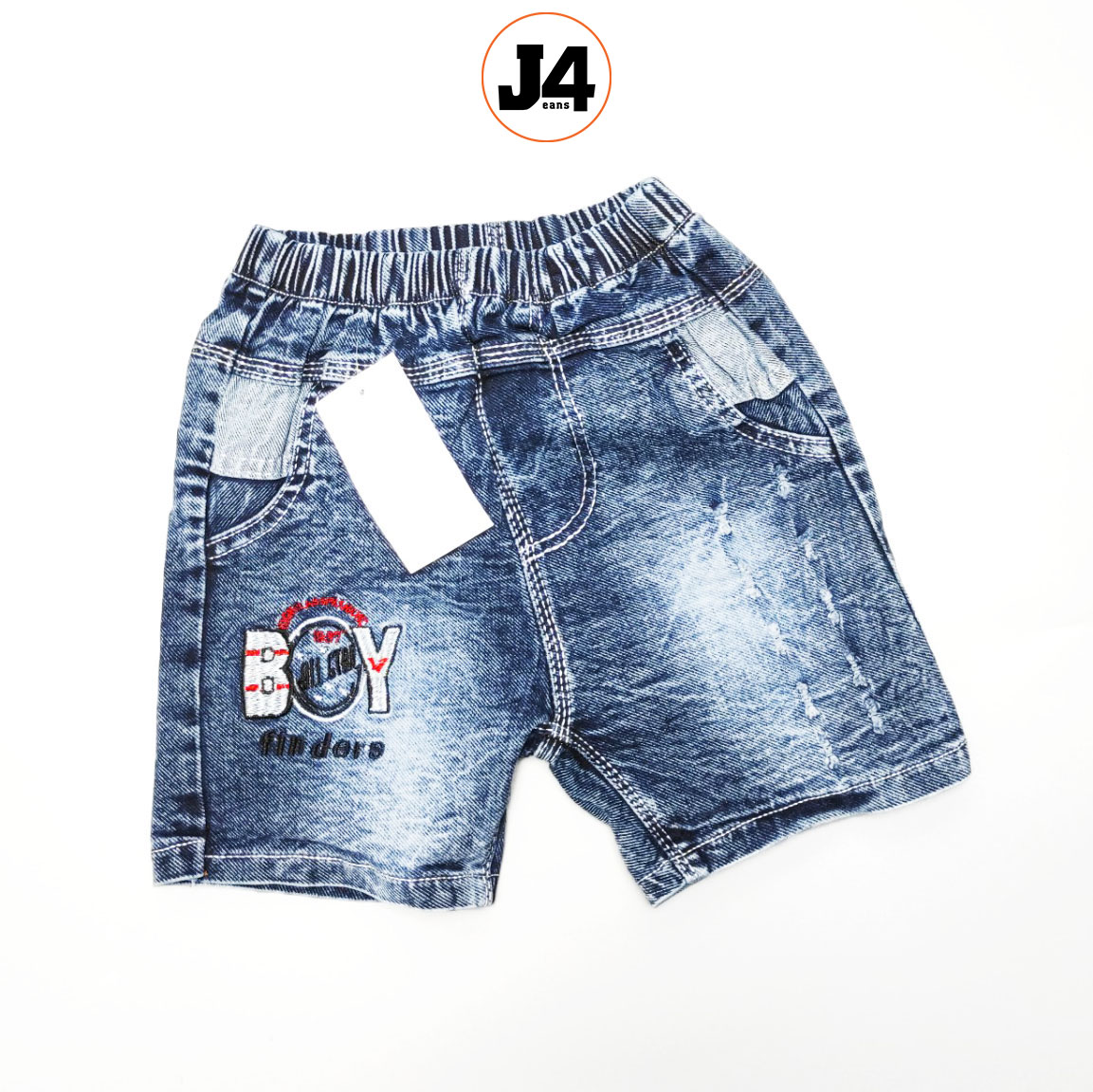 Quần short jean lưng thun bé trai J4 chất jean co giãn, hình thêu thật dễ dàng phối với áo thun cho bé trai đi chơi