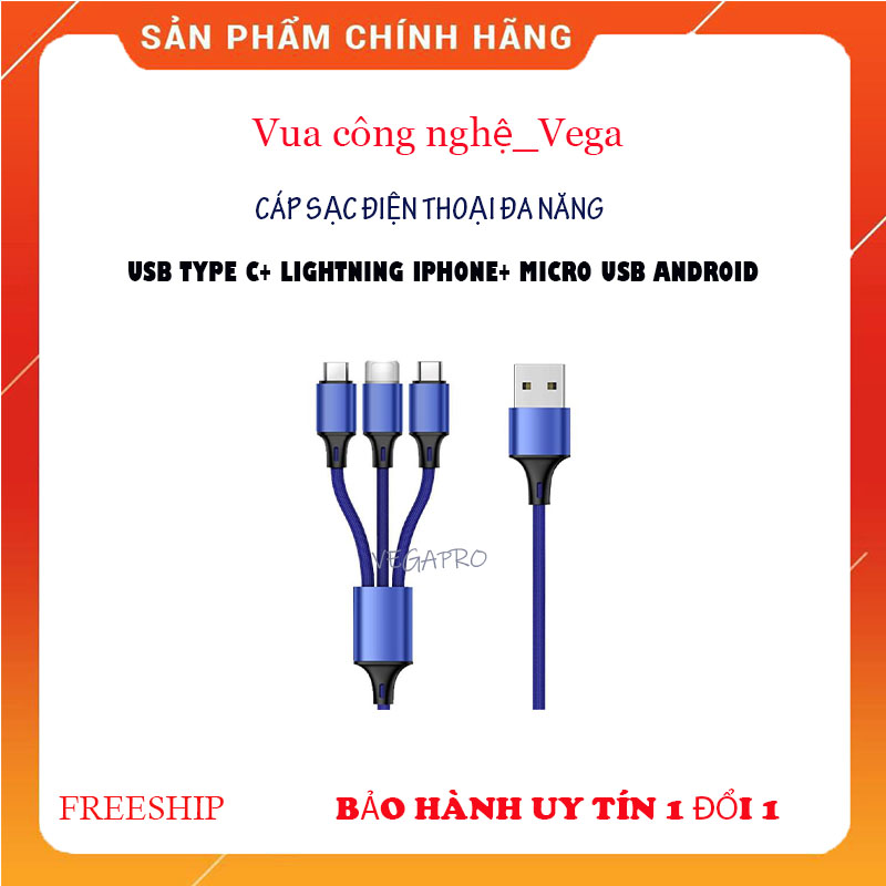 DÂY cáp sạc 3 đầu đa năng dành cho tất cả các dòng điện thoại