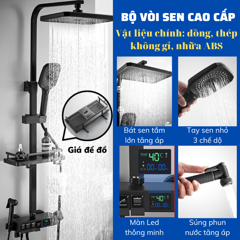 Bộ vòi hoa sen 4 nút bấm Hiển thị nhiệt độ qua màn hình LED thế hệ mới bảo hành 1 đổi 1