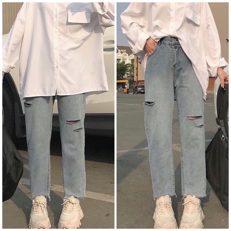 Quần jean baggy nữ ulzzang kyubi lưng cao cắt lai tua rách cá tính - baggy jean kyubi jun3 có bigsize