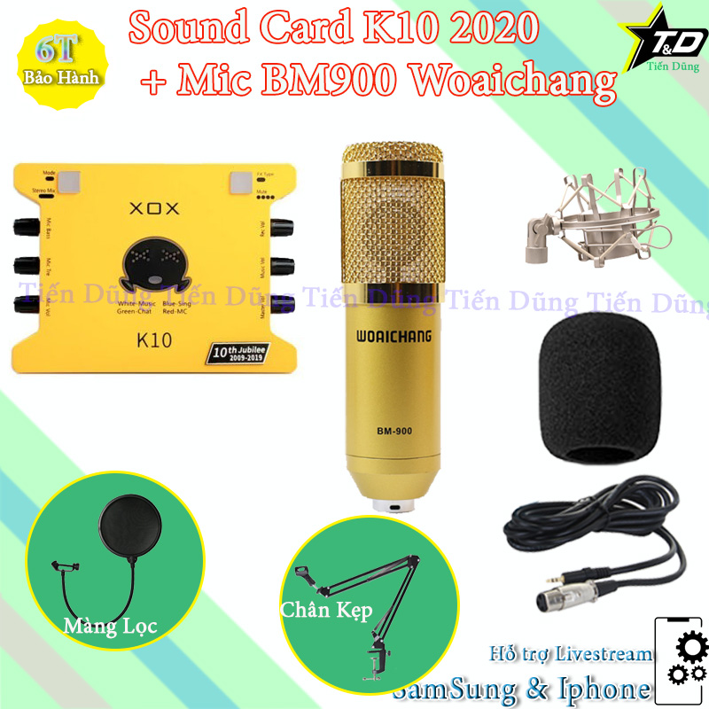 Mic thu âm bm900 woaichang Sound Card XOX K10 2020 chân màng- Bộ live stream đã đầy đủ sound card xox k10 2020 tiếng anh