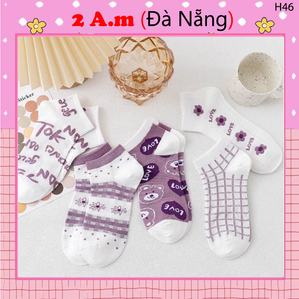 Tất Vớ Cổ Ngắn Nữ Họa Tiết Gấu Dễ Thương Chất Liệu Cotton Màu Tím Đẹp Thời Trang
