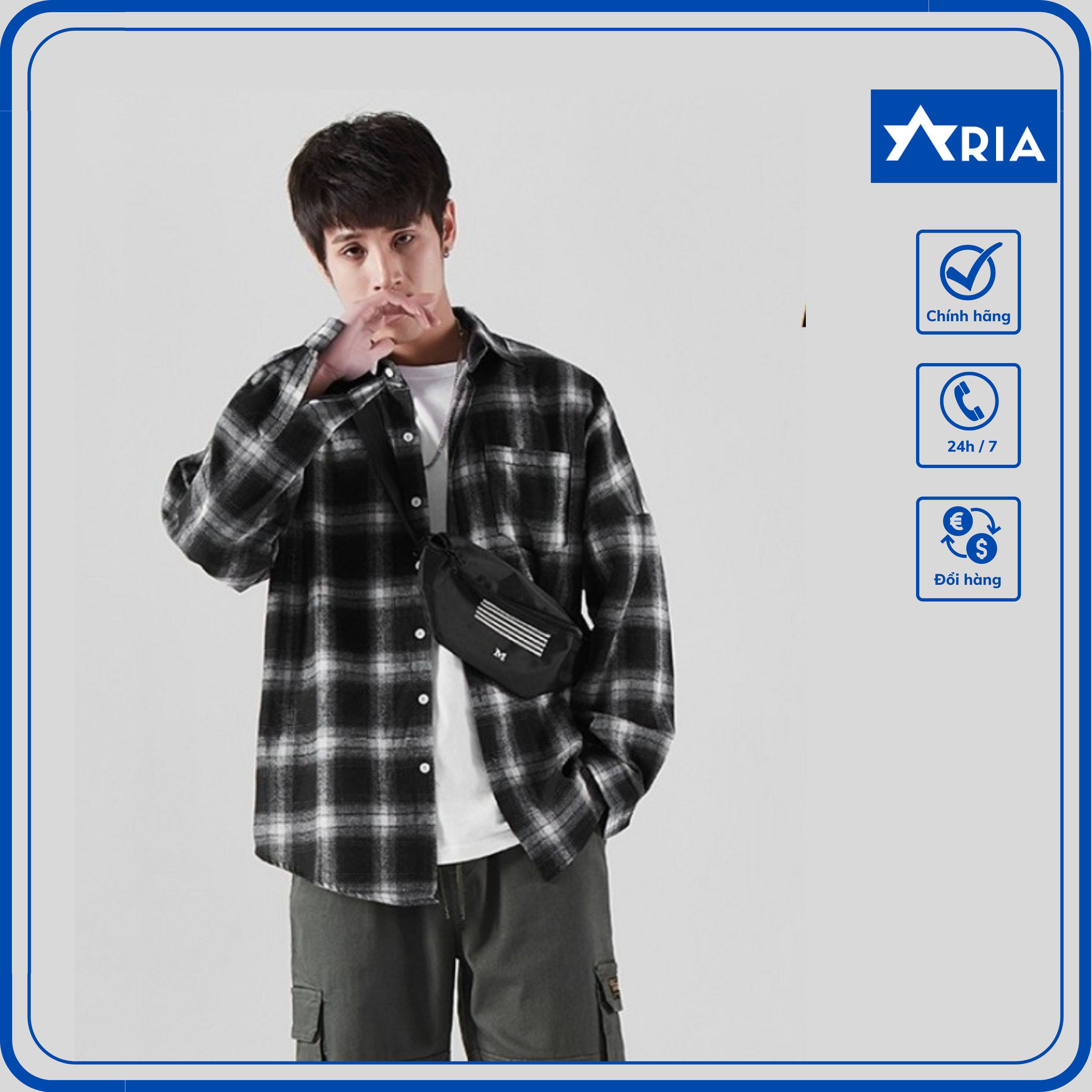 Áo Sơ mi nam flannel kẻ caro sọc màu trắng đen form rộng Aria Men ASM-KEDD