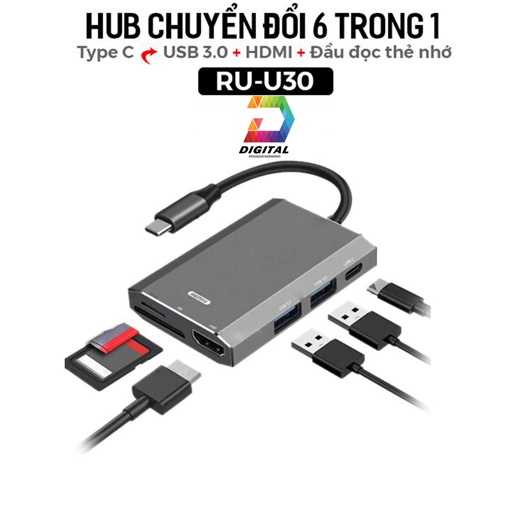 Hub chuyển type c ra usb 3.0 hdmi usb c thẻ nhớ tốc độ cao hãng remax