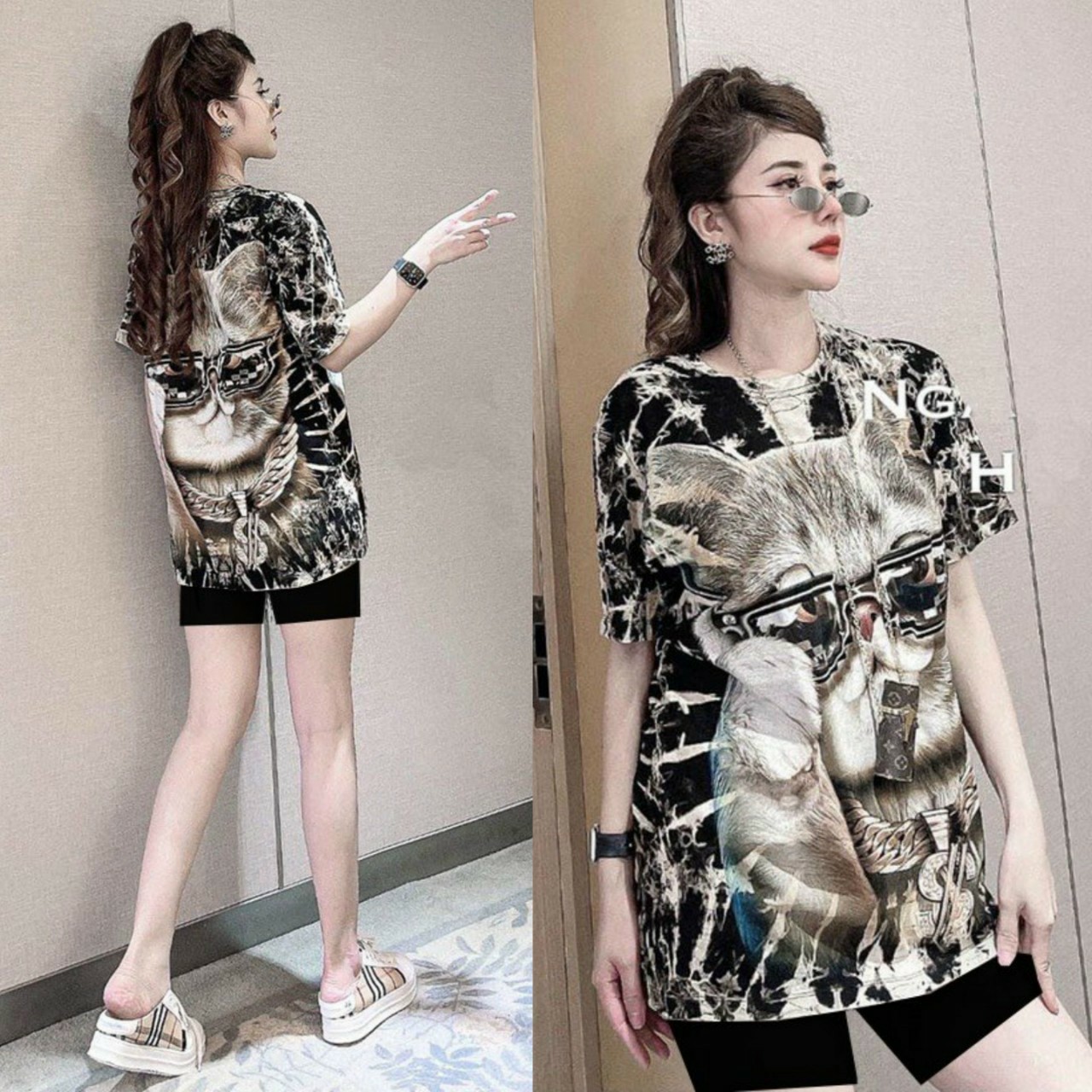 Đồ bộ đùi thun lạnh in 3D form rộng hình mèo đại ca