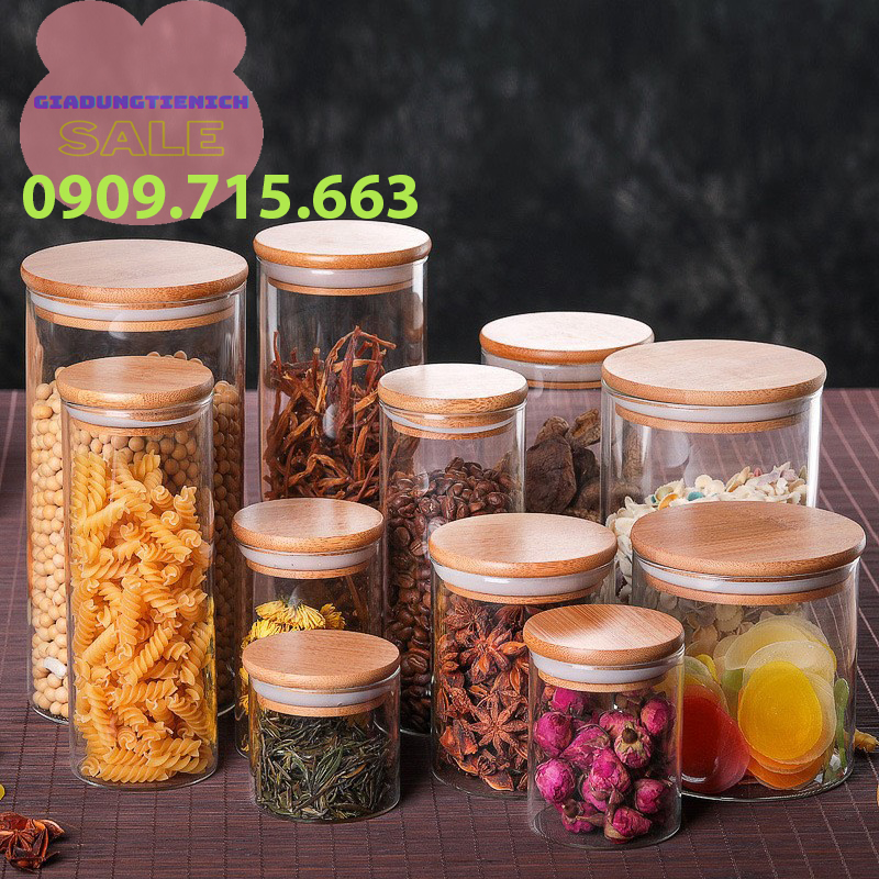 Hộp thủy tinh, lọ thủy tinh, hũ thủy tinh nắp gỗ 200ml 350ml 500ml 750ml 1000ml 1200ml 1600ml
