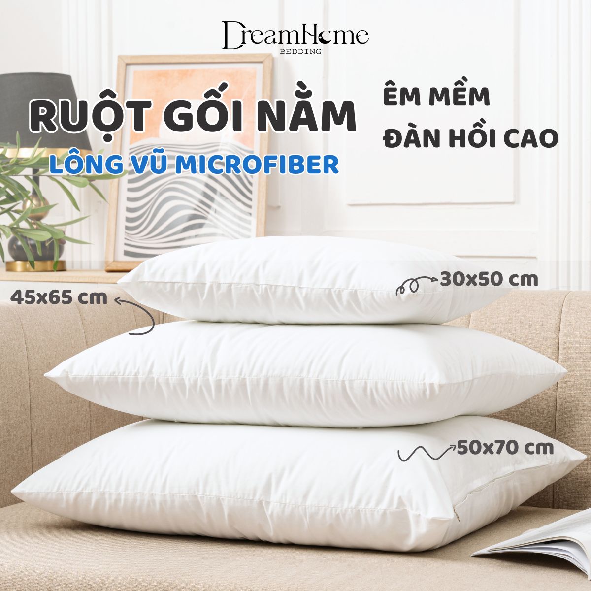 Gối lông vũ nhân tạo microfiber cao cấp , ruột gối thấp 50x70 45x65 30x50 chuẩn khách sạn dreamhome