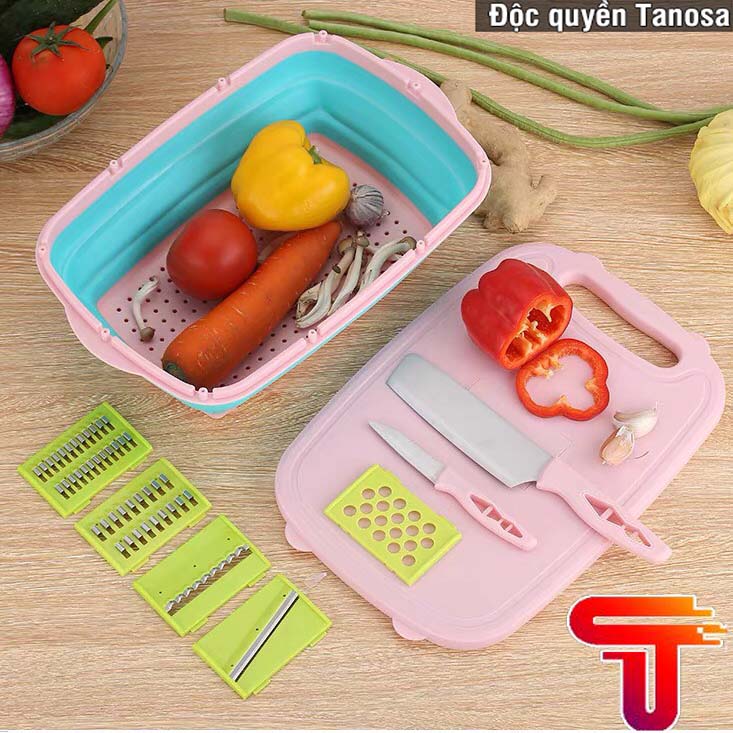 TANASA Thớt đa năng - Bộ thớt đa chức năng gấp gọn 9 món - Bộ thớt kèm chậu, dao cắt lát - Bộ rổ nhựa đa năng kèm dao và bào củ