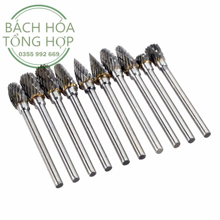Mũi mài, khắc, dũa kim loại, bộ 10 mũi mài, dữa vonfram chân 3mm cao cấp