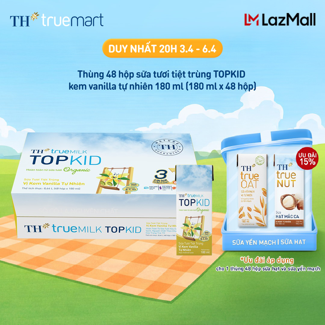Thùng 48 hộp sữa tươi tiệt trùng TOPKID kem vanilla tự nhiên TH true MILK 180ml