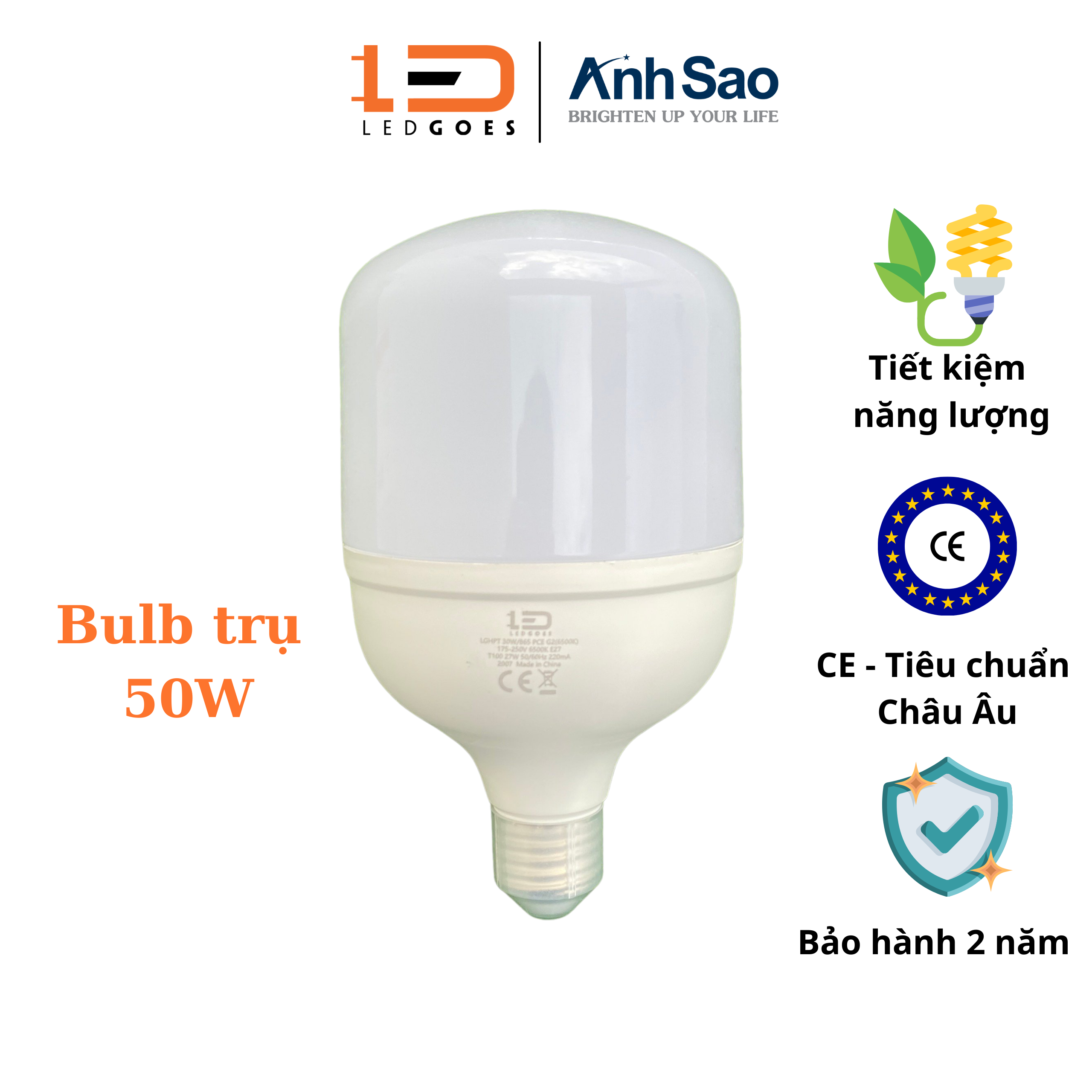 Bóng đèn Led trụ 50W LEDGOES, Đui E27, Siêu sáng Tiết kiệm điện, BH 2 năm