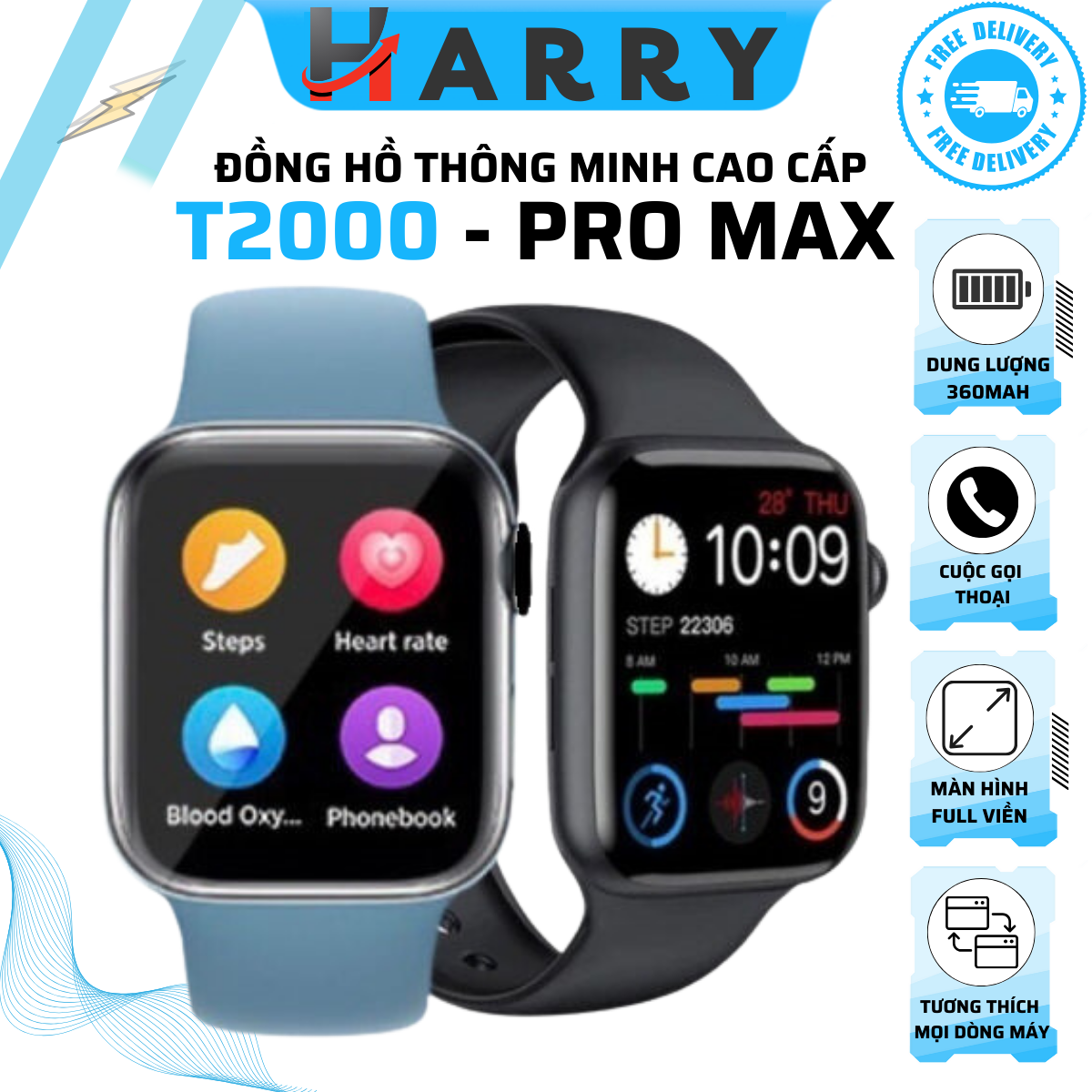 Đồng hồ thông minh t2000 promax viền thép, nghe gọi 2 chiều, nghe nhạc, chơi game, màn aod siêu đẹp - harry mall