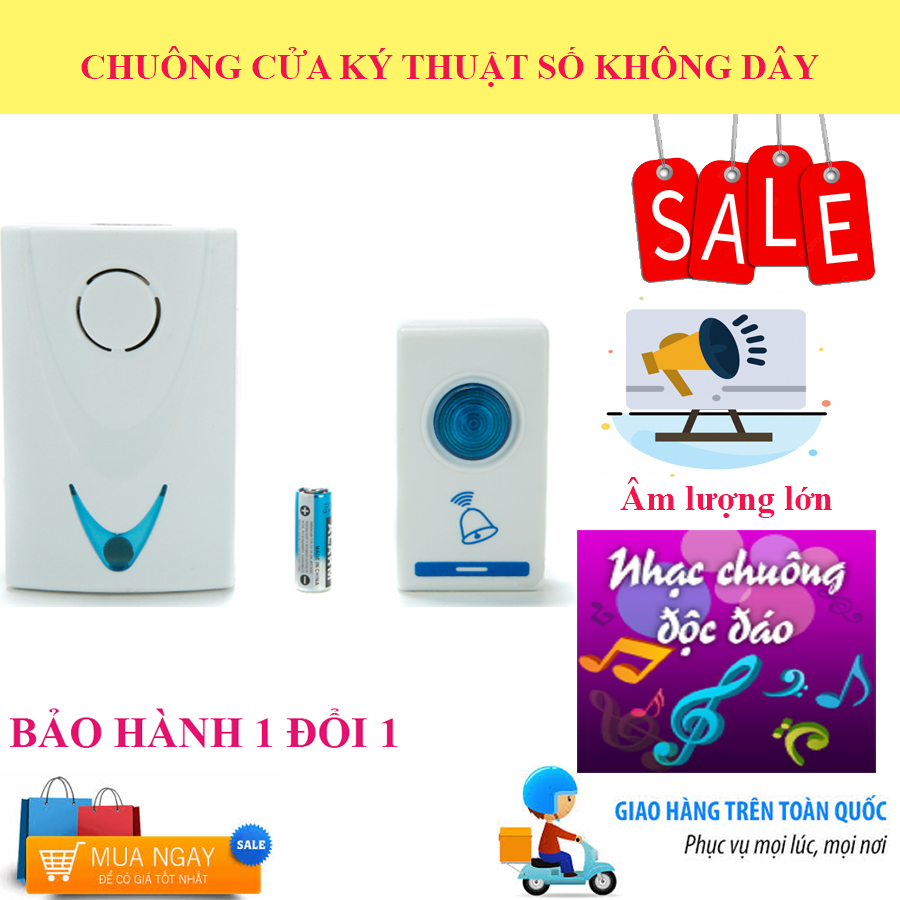 Chuông cửa,chuông cửa không dây. âm lượng lớn, nhạc chuông phong phú với 32 kiểu nhạc chuông, có đèn leg, khả năng chống nước tốt. bảo hành uy tín. mua ngay!