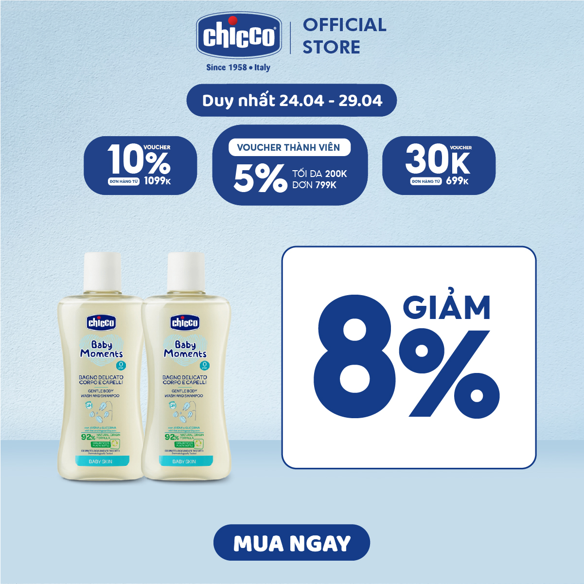 Combo Sữa tắm gội chiết xuất Yến mạch 0M+ Chicco 200ml + Sữa tắm gội chiết xuất Yến mạch 0M+ Chicco 200ml