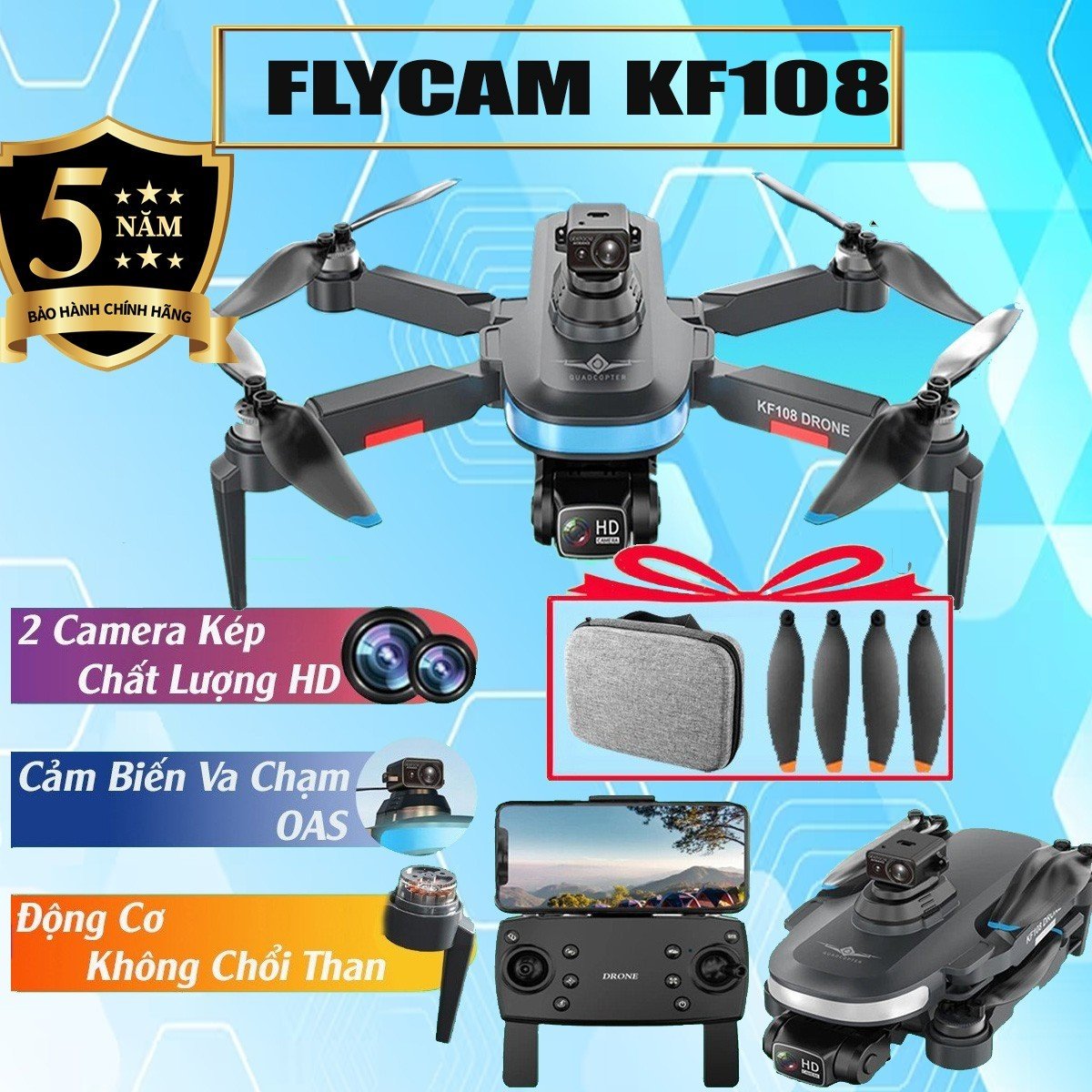 Máy bay camera Flycam KF108 Pro điều khiển từ xa có camera tích hợp cảm biến chống va chạm, flycam mini, drone camera 4 k