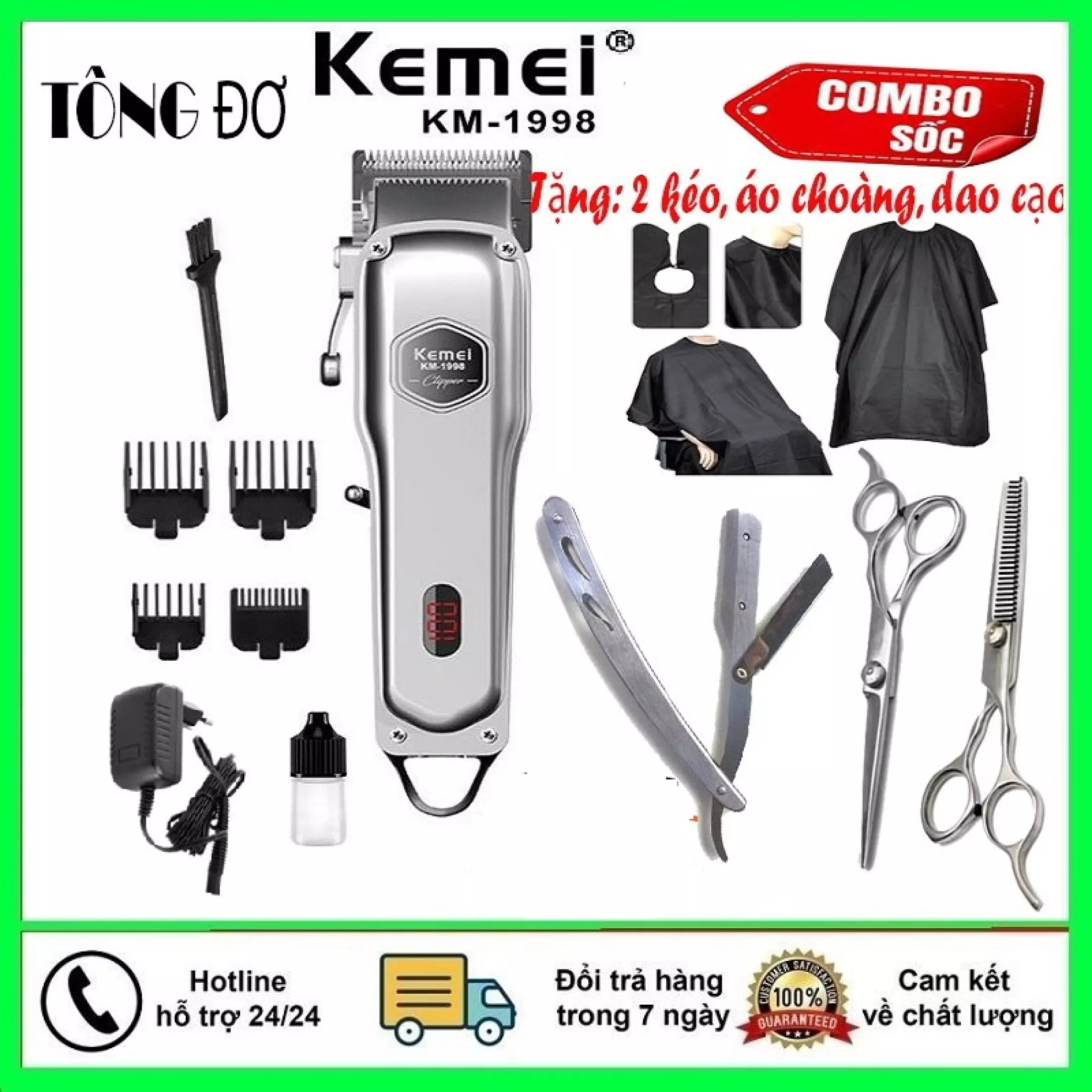 Máy Cắt Tóc, May Hot Toc, Tăng Đơ, Tông Đơ Cắt Tóc Kemei -Tông đơ cắt tóc cao cấp Kemei 1998 thân nhôm nguyên khối, tăng đơ hớt tóc (tong do cat toc) chuyên nghiệp không dây sạc pin + Tặng 2 kéo cắt tỉa tóc chuyên dụng