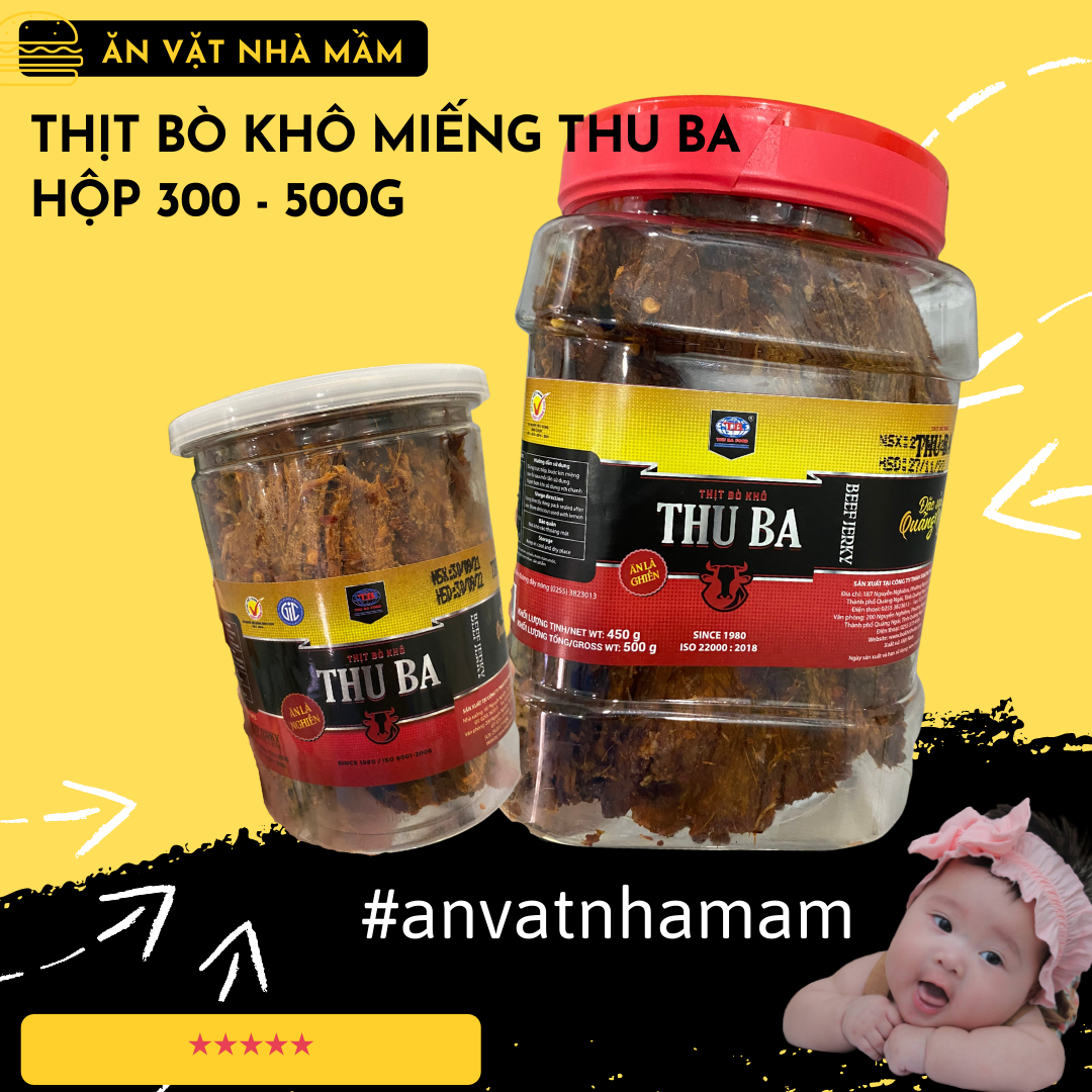 Bò khô miếng Thu Ba cay vừa, thịt chắc thơm ngọt đặc sản Quảng Ngãi đồ ăn vặt Hà Nội - hộp 500g và 300g