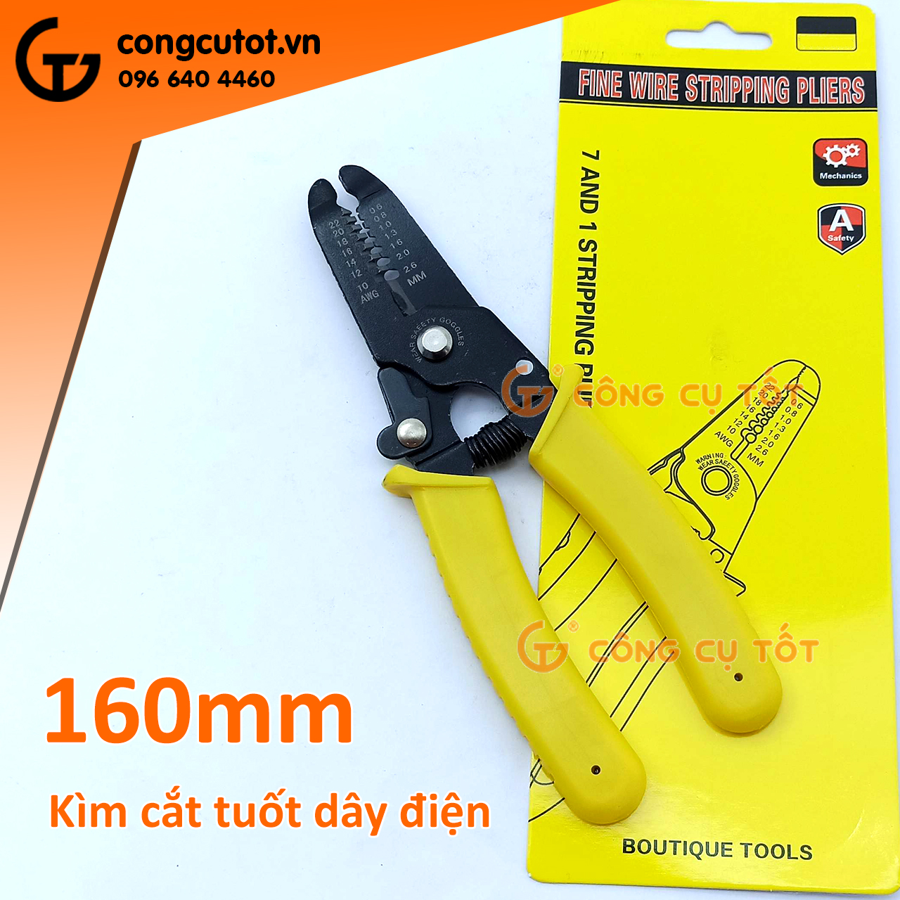 Kìm tuốt dây điện - Kìm cắt dây điện 7 răng 160mm tuốt dây 0.6-2.6mm có khóa an toàn