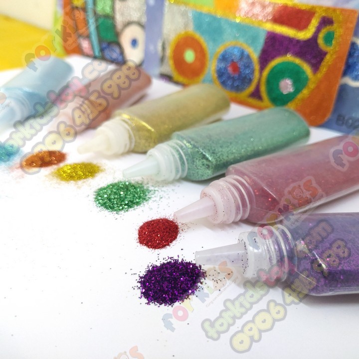 Bột Kim Tuyến Mịn Trang Trí Đủ Màu Lọ 20G Bộ 6 Màu Tặng 2 Tranh Trang Trí