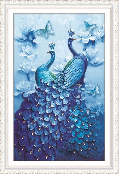 Tranh thêu chữ thập đôi chim công xanh dương 3D AIluo AL53585 chưa thêu