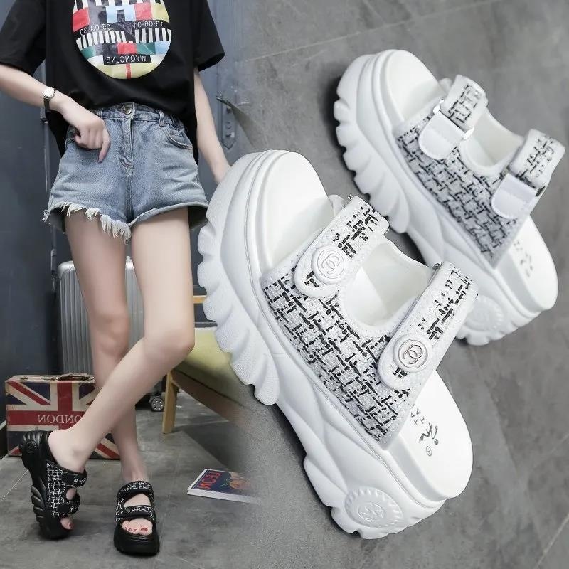 LJ7.13 Dép Lê Nữ 7CM Độn Đế 2 Quai Ngang Đế Bánh Mì 2 Màu Trắng Và Đen