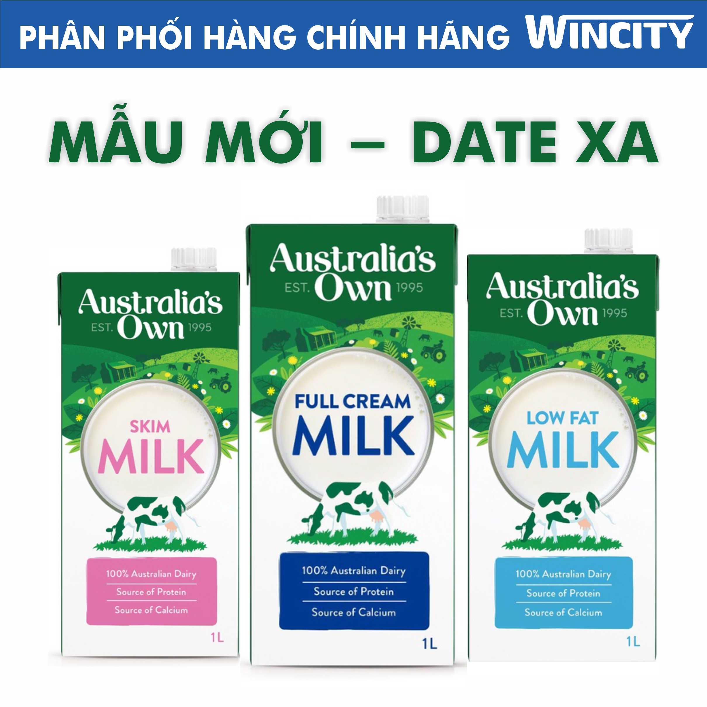 Date 09.2023 Sữa tươi nguyên kem ít béo không béo Australia s own hộp 1L