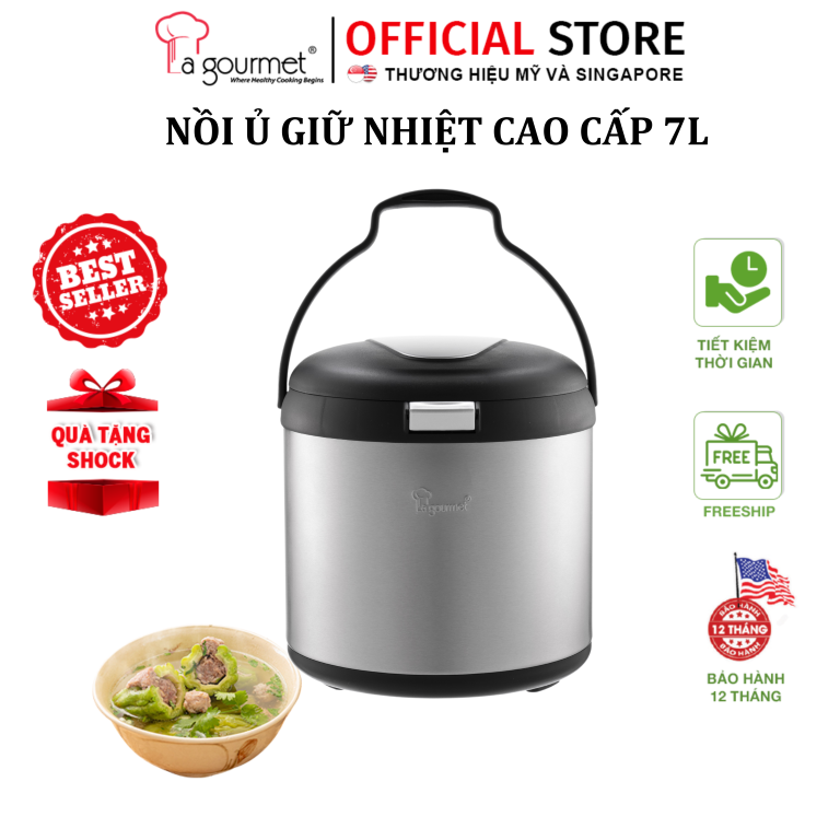 Nồi ủ chân không giữ nhiệt đa năng-sử dụng bếp từ  - nồi nấu chậm làm mềm La gourmet 7L (Đen)- Inox 304 cao cấp-lòng nồi thép không gỉ - chính hãng bảo hành 12 tháng-Thermal cooker  - 207869