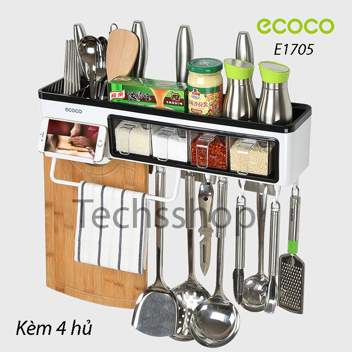 Kệ gia vị dán tường đựng đũa muỗng kèm hủ cao cấp - Kệ nhà bếp đa năng dán tường có móc treo máng khăn dao kéo thìa thớt nồi chảo - Dụng cụ sắp xếp đồ dùng nhà bếp - Đồ nấu ăn