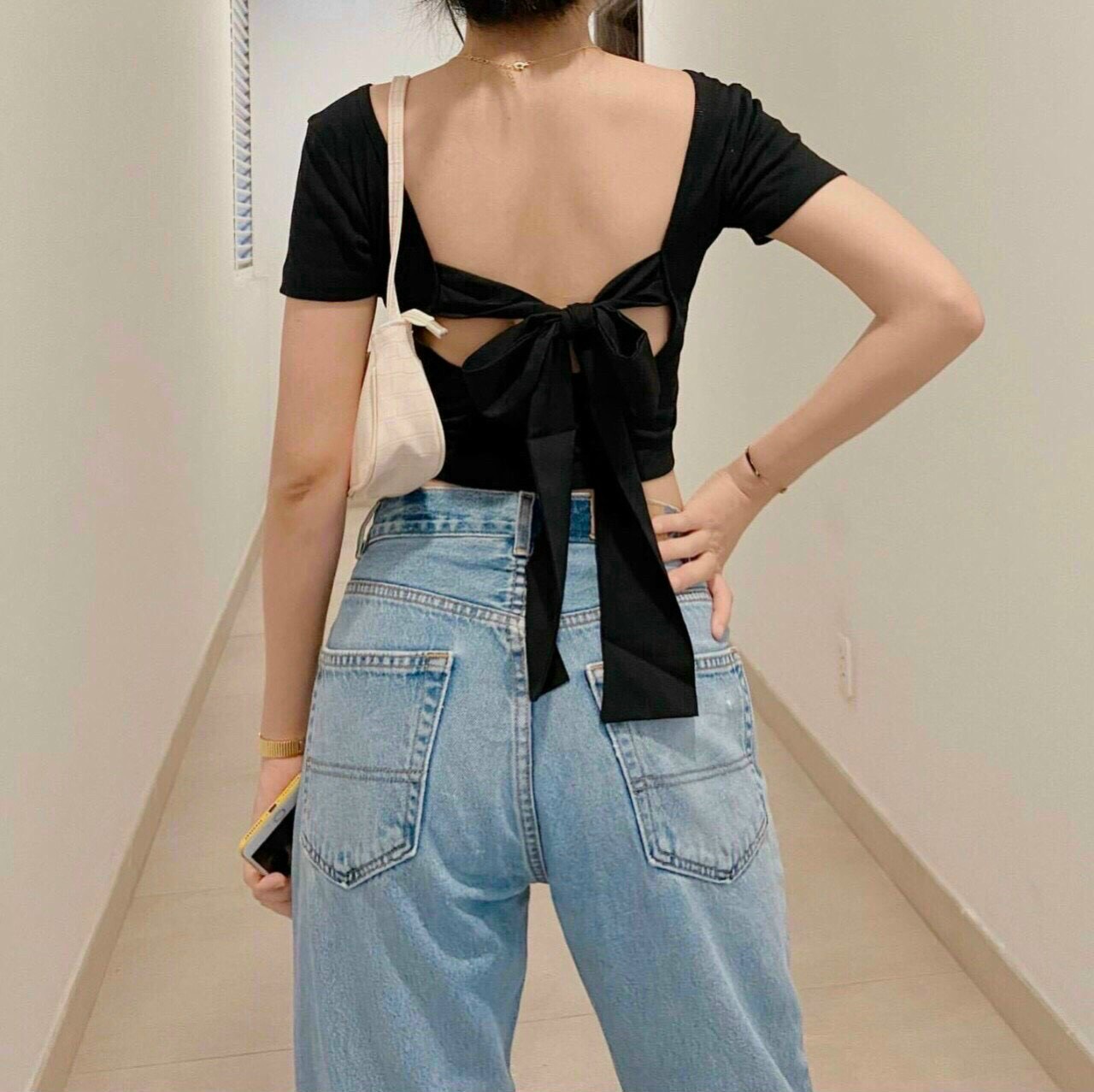 Áo croptop thun gân tay ngắn nơ lưng A5177